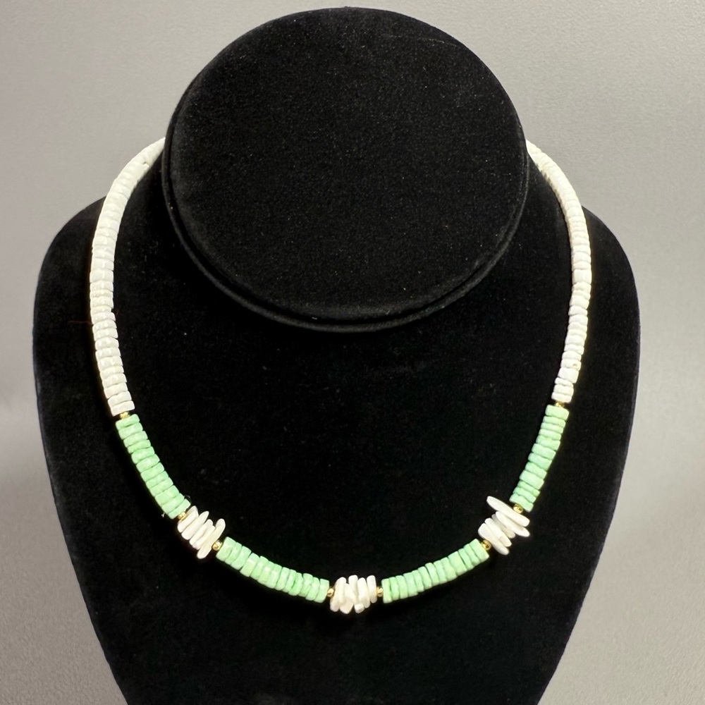 Vintage Green and White Heishi Shell Necklace with Gold-Tone Spacer Beads
